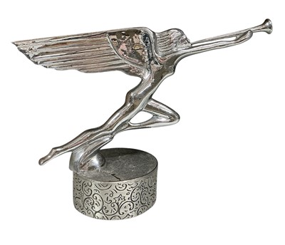 Lot 104 - Chromium plated Art Deco style car mascot in the form of a winged trumpeter, 17.5cm in length