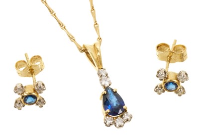 Lot Sapphire and diamond pendant and earrings, the pear-cut blue sapphire, set with five brilliant cut diamonds, on 18ct gold chain, together with a pair of sapphire and diamond cluster earrings, al...