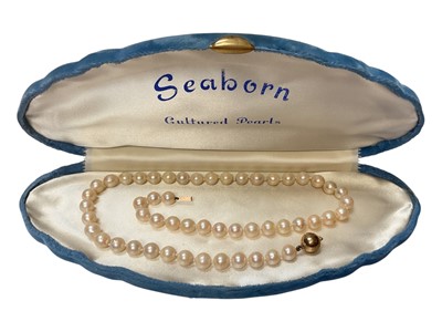Lot 114 - Cultured pearl single string necklace with a 9ct gold spherical clasp (broken)