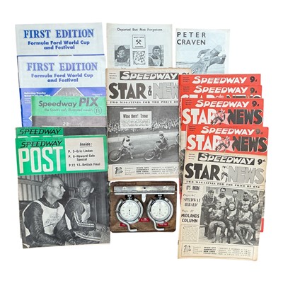 Lot 146 - Group of Speedway items to include a pair of Lemania Nero stop watches and various 1950s and later Speedway magazines