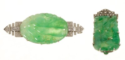 Lot 454 - Two Art Deco carved Chinese green jade brooches (2)