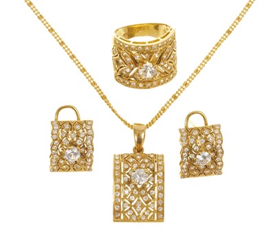 Lot 459 - Eastern gold and synthetic white stone pendant earrings and ring