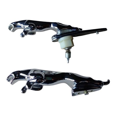 Lot 172 - Vintage chromium plated Jaguar leaper mascot with reg number to base, together with a contemporary Jaguar leaper sprung mascot (2)
