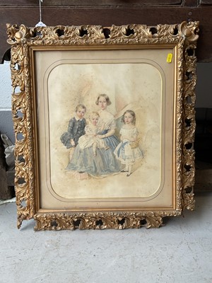 Lot 5283 - English School, 19th century, watercolour, family group, in Florentine frame