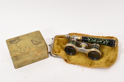 Lot 711 - Pair of late 19th century enamel opera glasses and an early 20th century brass playing card box with integral whisk markers retailed by Edward & Sons, Glasgow