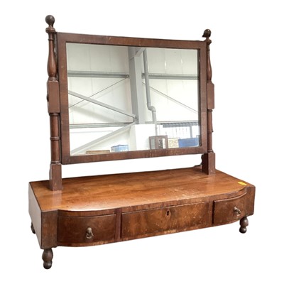 Lot 5309 - George III mahogany toilet mirror with turned supports, three drawers, key, on turned ball feet