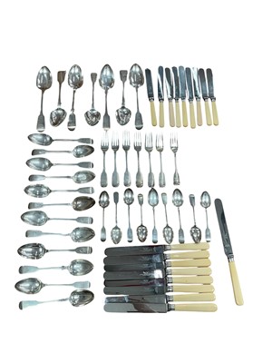 Lot 228 - Georgian and later silver Fiddle pattern flatware and 17 stainless steel knives