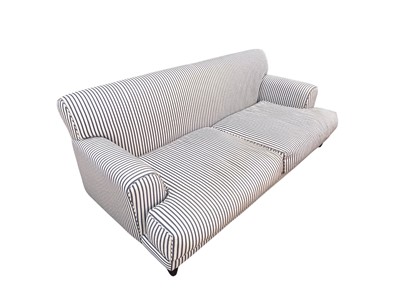 Lot 5314 - Good quality traditional sofa upholstered in blue and white striped linen on wooden legs