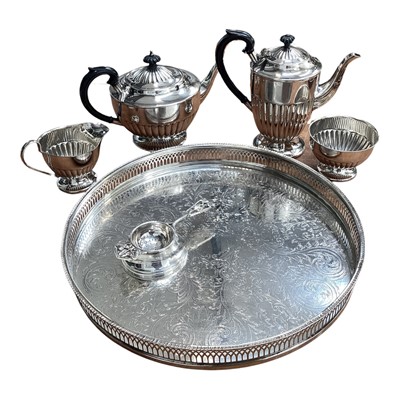 Lot 5083 - Silver plated four piece tea and coffee set, together with an Art Nouveau silver plated tea strainer and stand on a galleried silver plated tray