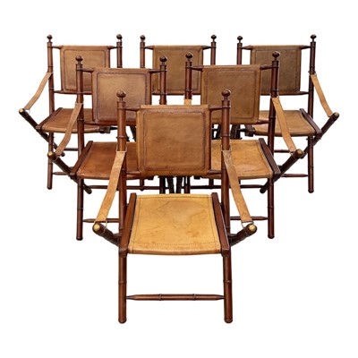 Lot Set of six good quality military campaign style wooden and brown leather folding chairs