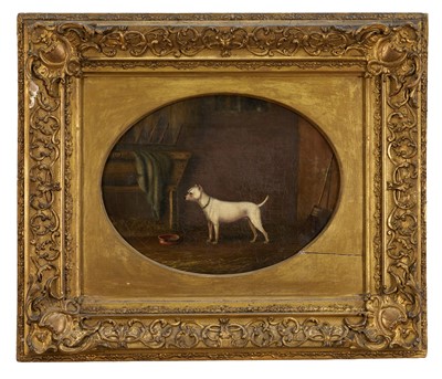 Lot English School, 19th century, oil on canvas - Terrier awaiting Supper, 22cm x 29cm, oval, in gilt frame