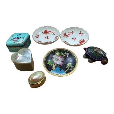 Lot 5115 - A pair of Meissen pin dishes together with enamel boxes etc