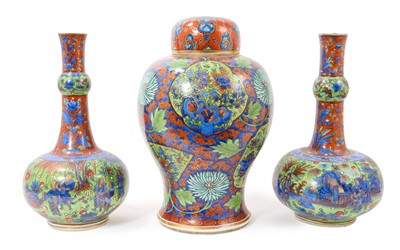 Lot Garniture of 18th century Chinese clobbered porcelain vases