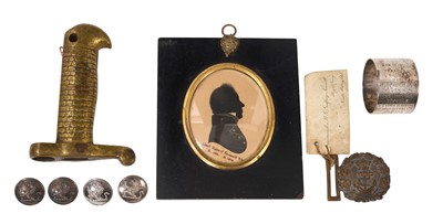 Lot 764 - Military and naval artifacts including an early 19th century painted silhouette portrait of Lieutenant Robert Faussett (1786-1819) in glazed papier mache frame, 15 x 12cm, together with a 19th c...
