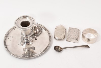 Lot 782 - Small group of silver and plate, including Victorian kidney shaped vesta engraved to Sir Bryan Godfrey Faussett (1863-1945), an unmarked box form vesta similarly dedicated and engraved San Anton...