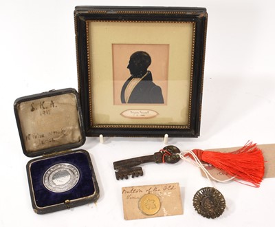Lot 783 - Miscellaneous works of art, including 1911 Italian Greyhound Club, silver medal, awarded to Mrs L Godrey Faussett's 'Tessa', cased, also an Indian bronze seal or punch, Bu...