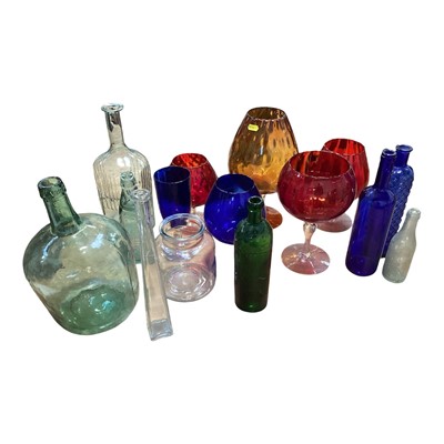 Lot 5246 - Collection of coloured glass, antique glass bottles etc