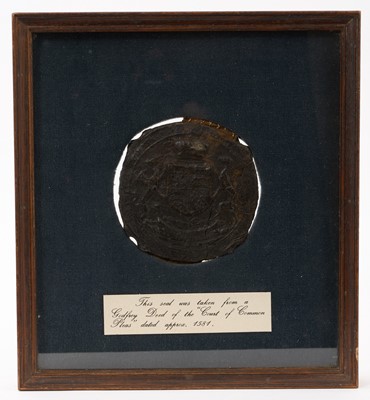 Lot 766 - Elizabethan seal of the Court of Common Pleas, in wax, approximately 9cm diameter, in box frame glazed to both sides, with label stating taken from the Godfrey deed of the court of Common Pleas,...