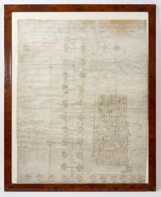 Lot 767 - George II family tree on velum, titled 'A True and exact copy of the consiguinuity of Bryan Faussett to Henry Chichley, Lord Archibishop of Canterbury and founder of All Saints College in Oxford...