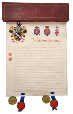 Lot 784 - Edwardian Grant of Arms for Godfrey Trevelyan Godfrey-Faussett with illuminated coat of arms and twin seals in gilt metal cases dated 1909 in fitted red leather case with gilt embossed crowned E...