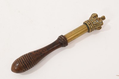 Lot 785 - Late Georgian brass tipstaff with crown surmount and ring turned mahogany handle
