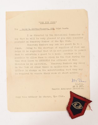 Lot 791 - 'The Eye Club' WWII embroidered military badge and related letter to Major G. Godfrey-Faussett MBE of the Welsh Guards, the typed letter outlining the rules of the Eye Club