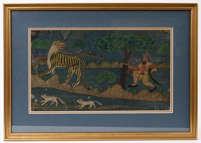 Lot Indian school, 19th century, gouache on paper, tiger hunt, 20 x 32cm, glazed frame