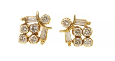 Lot 467 - Pair of Art Deco style diamond earrings with brilliant cut and baguette cut diamonds in 18ct gold setting. Estimated total diamond 0.47cts.