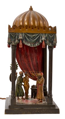 Lot Early 20th century Austrian cold painted bronze Lamp, by Franz Bergman, in the form of a Arabian tent, signed with Bergman monogram in amphora vase, 37cm high. Provenance: Purchased Hickmet Fine...