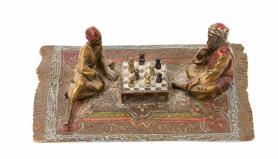 Lot 812 - Early 20th century Austrian cold painted bronze sculpture by Franz Bergman, in the form of a Arab chess players, signed with Bergman monogram in amphora vase, 6cm high. Provenance: Purchased Hic...