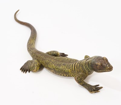 Lot Early 20th century Austrian cold painted bronze sculpture by Franz Bergman, in the form of lizard, signed with Bergman monogram in amphora vase, 22cm high. Provenance: Purchased Ptarmigan Antiqu...