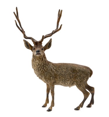 Lot Early 20th century Austrian cold painted bronze sculpture by Franz Bergman, in the form of a stag, signed with Bergman monogram in amphora vase, 21cm high. Provenance: Purchased Hickmet Fine Art...