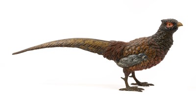 Lot Early 20th century Austrian cold painted bronze sculpture by Franz Bergman, in the form of a pheasant, signed with Bergman monogram in amphora vase, 18cm high. Provenance: Purchased Hickmet Fine...