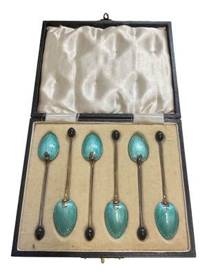 Lot 87 - Set of six 1930s silver and turquoise guilloche enamel coffee bean spoons (Birmingham 1931), in fitted case