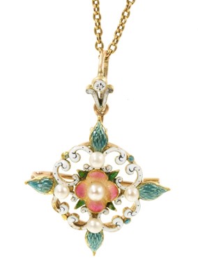 Lot Good quality Victorian gold, enamel and seed pearl pendant / brooch, suspended from a gold chain with pearl spacers