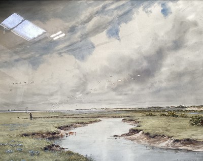 Lot 5240 - Large watercolour, duck shooting on the marshes, and other pictures