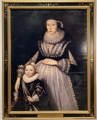 Lot 798 - After the 17th century portrait, photographic print of the portrait of Sarah Godfrey and her 8th son, Sir Edmund Berry Godfrey, 112 x 84cm, in 17th century style frame