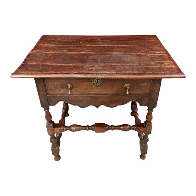 Lot Good late 17th century oak and fruitwood crossbanded single drawer side table, with turned and block understructure