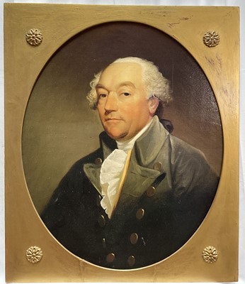 Lot 799 - After Gilbert Stuart (1755-1828), photographic reproduction on canvas of his portrait of Captain William Locker, unframed but with wooden gilt mount, 77 x 62cm