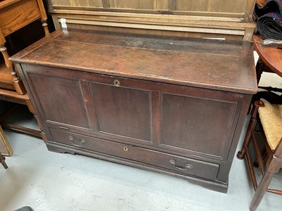 Lot 5367 - 18th century oak blanket box with panel front and single drawer, the top and front both opening, 124cm wide x 51cm deep x 74cm high