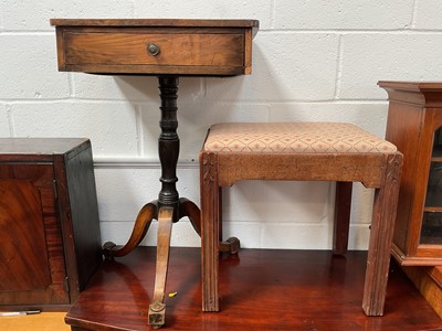 Lot 5395 - Antique tripod wine table with single drawer, together with two stools with embroidered seat and a oak side table (4)