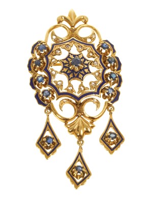 Lot 477 - Gold blue enamel and sapphire and diamond brooch