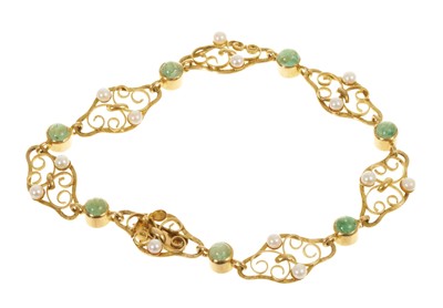 Lot 476 - 18ct gold emerald and pearl bracelet
