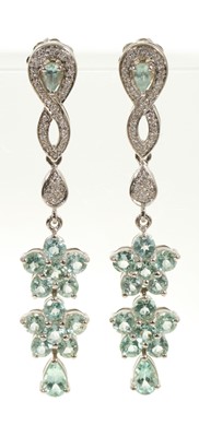 Lot 475 - Pair of Paraiba tourmaline and diamond floral pendant earrings in 18ct white gold setting