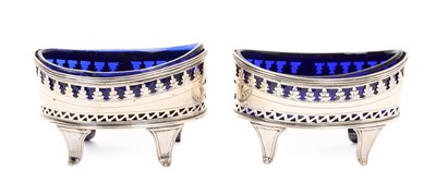 Lot 244 - Pair of Georgian silver salts with pierced decoration and blue glass liners