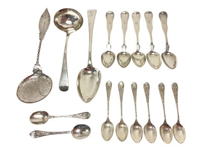 Lot 252 - Assorted silver including two sets of teaspoons, Georgian tablespoon, similar soup spoon, Victorian etched silver serving spoon and two engraved teaspoons