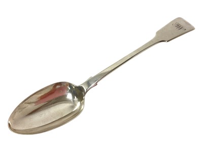 Lot 247 - Victorian silver Fiddle pattern serving spoon, with engraved initials (London 1856) maker's mark rubbed. All at approximately 5.14ozs. 30cm overall length.