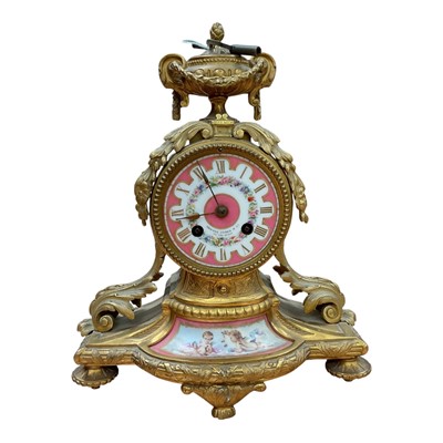 Lot 668 - Mid 19th century French ormolu and porcelain panel mantel clock