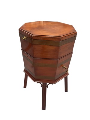 Lot Georgian style mahogany cellarette with brass bands, on fluted legs
