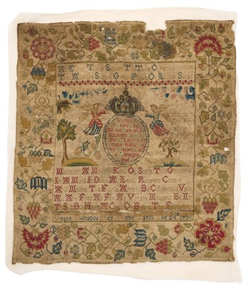 Lot George I sampler by Grace Thurgood, dated 1724, 31cm x 28cm